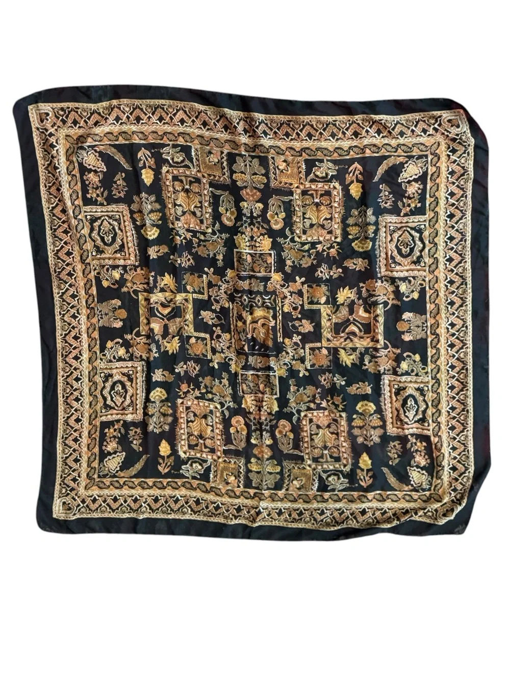 Black & Gold Floral Paisley silk Square Scarf